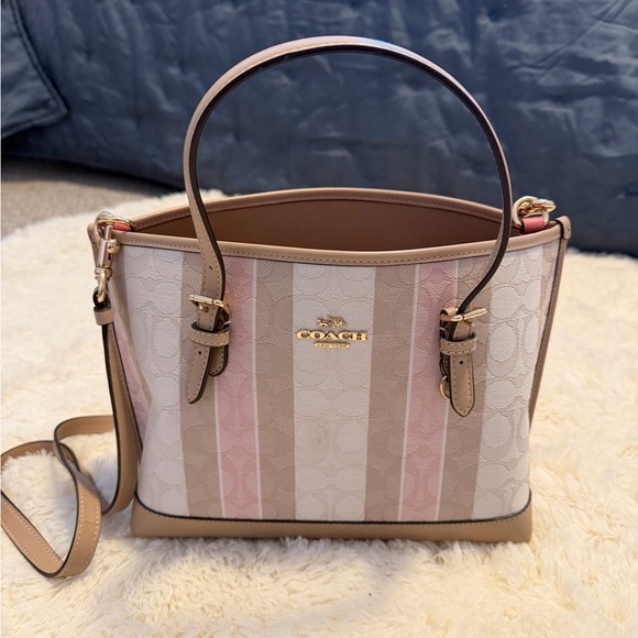 Coach Handbags - Coach Women's Pink and Beige Striped Shoulder Bag